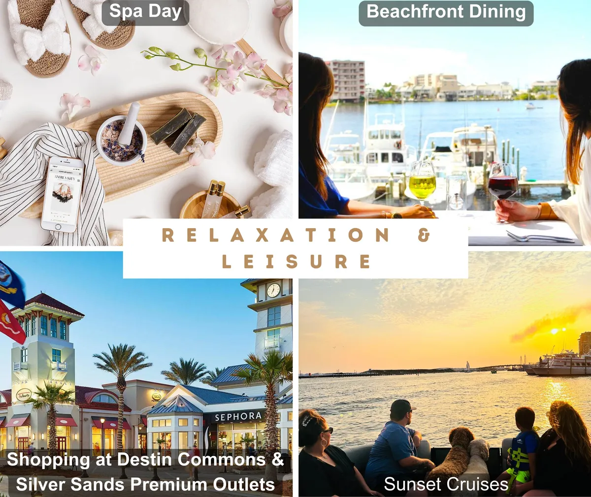 A curated collection of luxury spa products, a glimpse of beachfront dining, a vibrant shopping center, and a sunset cruise scene are artfully combined, suggesting the breadth of upscale experiences available nearby—from relaxation to fine dining and memorable adventures.