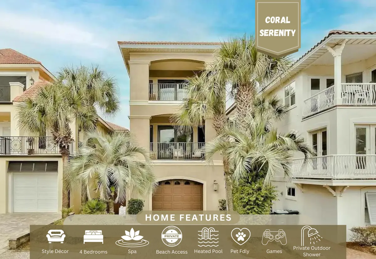 This image showcases the elegant front facade of Coral Serenity, with palm trees gently framing the entrance and balconies overlooking the pool area. The serene exterior hints at the upscale, private retreat that awaits guests, combining natural beauty with architectural sophistication.