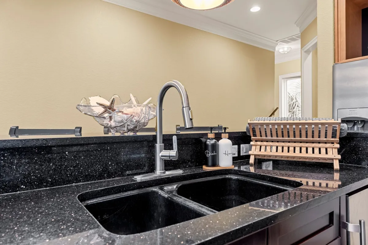 A black granite double sink with a modern faucet sits beside a wooden dish rack and a decorative bowl filled with seashells and starfish. Soap and lotion dispensers labeled 'Dish' and 'Hand' add a practical yet stylish touch.