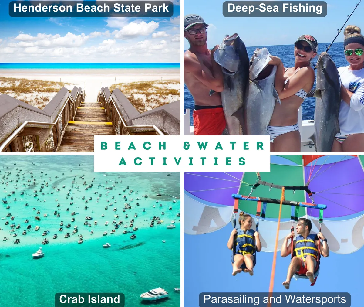 This exterior image features wooden stairs leading down to the pristine sand of Henderson Beach State Park, with a group showing off a deep-sea fishing catch, an aerial view of boats at Crab Island, and two people parasailing with a colorful parachute. The composition blends scenes of tranquil beach access with adventurous coastal activities.